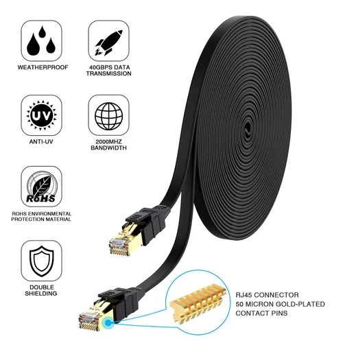 Miniatura 3 de Cable Ethernet Cat 8 de 50 pies, cable de conexión LAN de Internet plano blindado negro de alta velocidad, 26AWG 40Gbps 2000Mhz SFTP con chapado