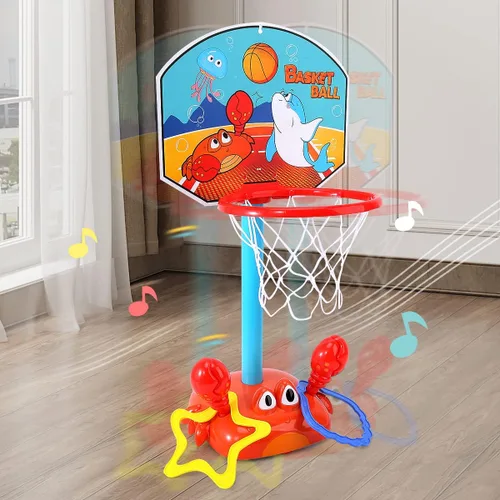 Miniatura 7 de Aro de baloncesto para niños pequeños, juego de juguetes deportivos 2 en 1 para niños, juego de lanzamiento de anillos con sonido musical, aro