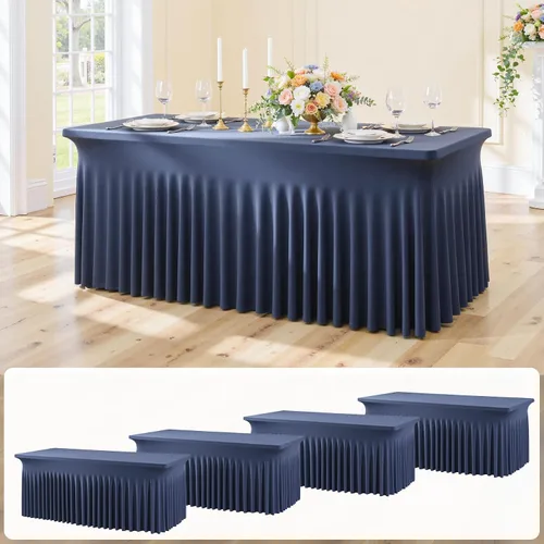 Miniatura 48 de Paquete de 2 manteles de elastano azul bebé de 6 pies con falda de mesa con volantes, manteles ajustables elásticos sin arrugas para mesas