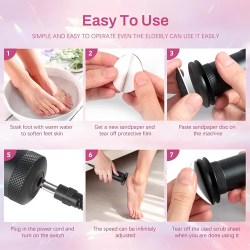 Miniatura 8 de krofaue Removedor Eléctrico de Callos para Pies para Mujeres - Lima Eléctrica para Pies de 1200rpm Removedor de Callos con Rayas Antideslizantes, 60