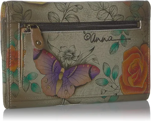 Miniatura 2 de Anna by Anuschka Geniune - Cartera de mano de cuero pintada a mano grande de tres pliegues para chequera - Floral Paradise Tan, Floral Paradise Tan