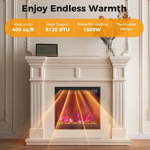 Miniatura 7 de COSTWAY Calentador de chimenea empotrado de 18 pulgadas, inserto de chimenea eléctrica con llama multicolor y cama de brasas de cristal, control
