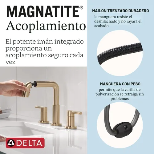 Miniatura 3 de Delta Nicoli - Grifo de baño de oro cepillado con rociador, grifo de fregadero de baño de 8 pulgadas con 3 agujeros y rociador extraíble, desagüe
