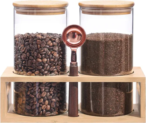 ZOMUIA Contenedores de Café de Vidrio Herméticos Frascos de Almacenamiento de Granos de Café con Estante, 2 Piezas 44oz Organizador de Estación de