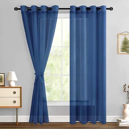 Miniatura 123 de Hiasan - Cortinas traslúcidas de gasa cortas semitransparentes con ojales y alzapaños filtrantes de luz para ventana, dormitorio, baño, 2 paneles