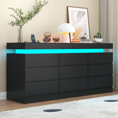 Miniatura 8 de Gyfimoie Cómoda de 9 cajones con toma de corriente, cómoda con luz LED, cómoda moderna para armario, gabinete organizador de cajones doble ancho