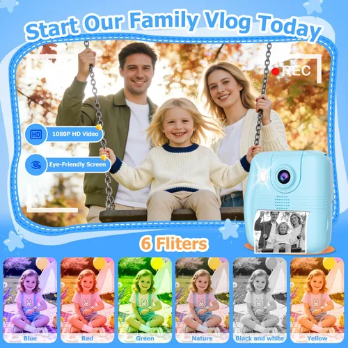 Miniatura 5 de GKTZ Cámara para niños de impresión instantánea: cámara de video digital de 2.4 pulgadas para niños pequeños y niños de 3 a 12 años, con 3 rollos