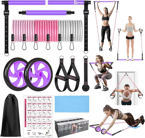 Miniatura 10 de BBTOPS Kit de barra de pilates con bandas de resistencia, barra de ejercicio de equipo de pilates con rodillo de abdominales para entrenamiento