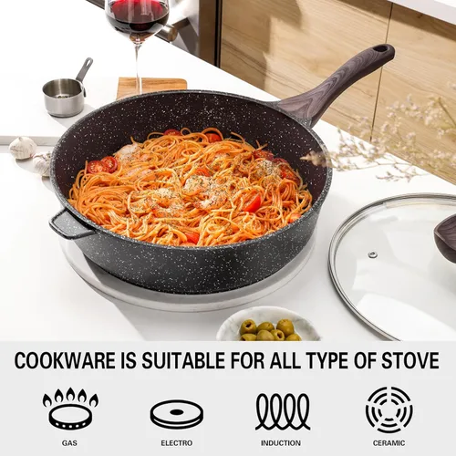 Miniatura 3 de Kordisen Sartén profunda antiadherente con tapa, sartén antiadherente de 10 pulgadas, sartén para saltear para cocinar, utensilios de cocina