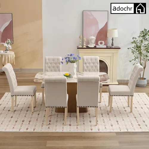 Miniatura 7 de adochr Juego de 2 sillas de comedor de tela de lino, silla de comedor tapizada con patas de madera, sillas Parsons sin brazos para Beige