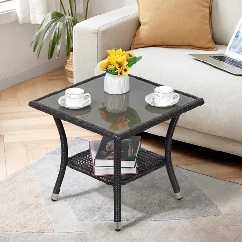 Miniatura 2 de Super Patio Mesa auxiliar de mimbre para patio al aire libre, mesa de centro de mimbre cuadrada con parte superior de vidrio, marco de aluminio