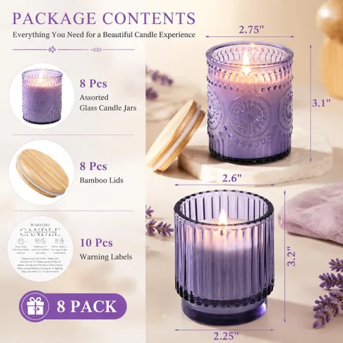 Miniatura 2 de Paquete de 8 tarros de vela de vidrio morado de 7 onzas para hacer velas, suministros vacíos para hacer velas, recipientes de velas con tapas