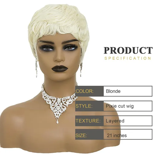 Miniatura 3 de Pelucas cortas rubias de corte Pixie para mujeres negras, pelucas cortas con flequillo para mujeres negras, pelucas en capas (rubio)