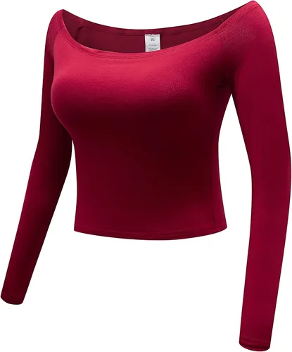Miniatura 2 de OThread & Co. Blusa corta de manga larga con hombros descubiertos para mujer, cómoda, básica, con capa elástica