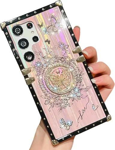 Miniatura 62 de Bonita funda compatible con Samsung Galaxy S22 Ultra, soporte plegable de lujo con diseño de mariposa brillante para mujeres y niñas, funda Blanco