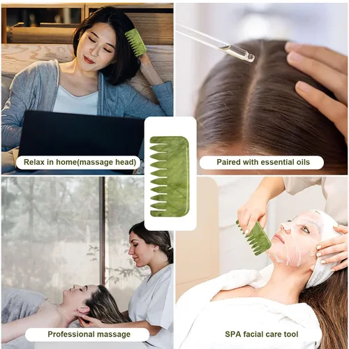 Miniatura 2 de gemshan Jade Gua Sha Peine, 2 piezas de peine de masaje de jade verde para el cuidado de la cabeza, cabeza relajada, cuero cabelludo profundo