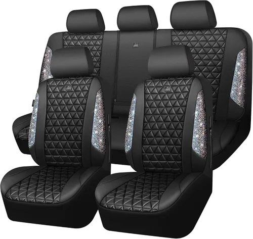 Miniatura 19 de CAR PASS Fundas de asiento de automóvil de cuero con diamantes brillantes, juego de asientos interiores de asientos completos, impermeable, Plateado