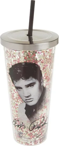 Spoontiques - Vaso de acrílico relleno de purpurina - Vaso de purpurina con popote - 20 onzas - Tapa de bloqueo de acero inoxidable con popote -