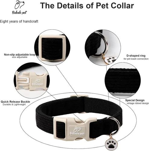 Miniatura 3 de Lindo Collar de Corduroy para Perro - Collar Ajustable Negro para Perros Pequeños de 4-10lbs, Resistente al Desvanecimiento con Cierre Seguro