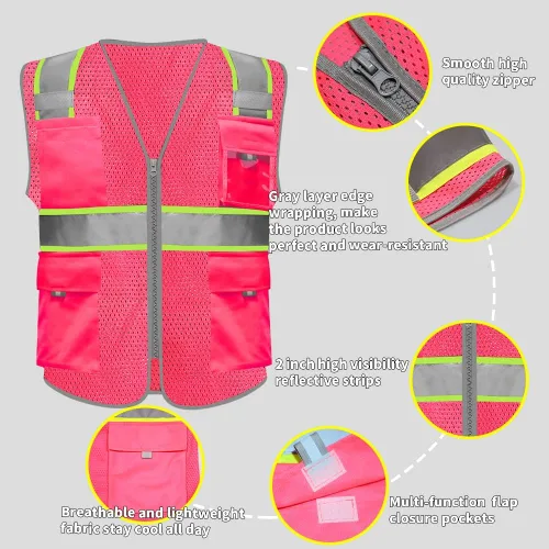 Miniatura 3 de HYCOPROT Chalecos de seguridad reflectantes de malla de alta visibilidad con bolsillos y cremallera, cumple con las normas ANSI/ISEA