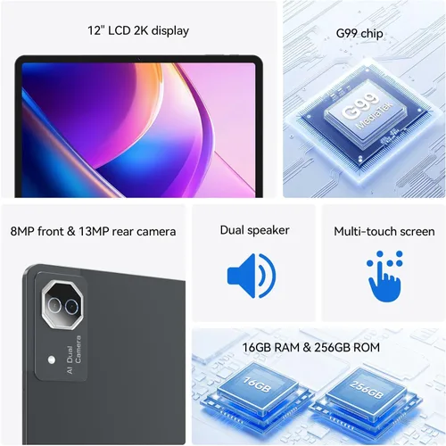 Miniatura 5 de Tableta Android de 12 pulgadas, tableta Android 15 con pantalla 2K, MTK G99 Octa-Core, expansión de 16 GB 256 GB 1 TB, WiFi 2.4/5G, cámara de 21 MP