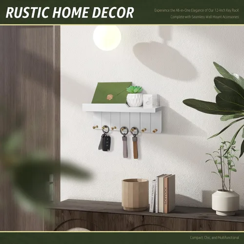 Miniatura 2 de Rebee Vision Soporte de Pared para Llaves Estilo Granja - Organizador de Correo Decorativo con 7 Ganchos para Llaves y Estante de Pared - Decoración