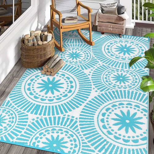 Miniatura 17 de Ileading Alfombra de Paja de Plástico para Exteriores 5x8 pies Estilo Floral Divertido Alfombras de Área Reversibles para Patio Impermeables