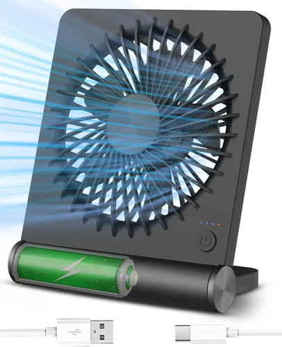 Ventilador de escritorio pequeño, ventilador USB recargable con pilas, ultra silencioso, viento fuerte, ventiladores de viaje de 3 velocidades