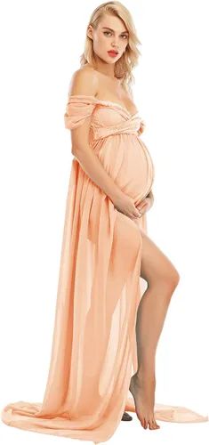 Miniatura 3 de Vestido largo de gasa con hombros descubiertos para fotografía de maternidad con abertura frontal para sesión de fotos