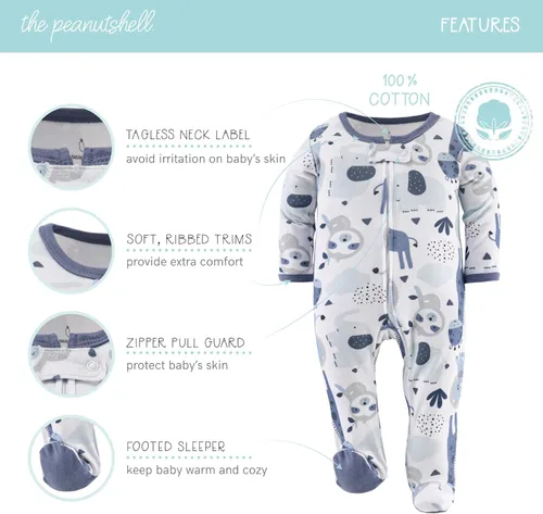 Miniatura 2 de The Peanutshell Pijama con pies para bebés niños, para dormir y jugar, paquete de 3
