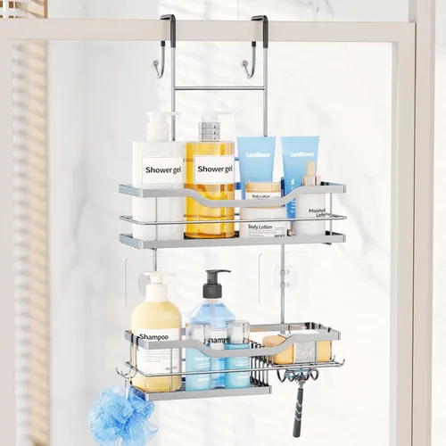 Miniatura 8 de Consumest Organizador de ducha para puerta, estantes de ducha de 2 niveles para colgar con soportes para jabón, organizador de ducha de gran