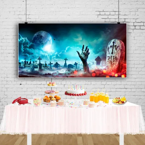 Miniatura 5 de Telón de fondo de Halloween para fotografía de cementerio de Halloween de 20 x 10 pies, telón de fondo de lápida de calavera aterradora, calabaza