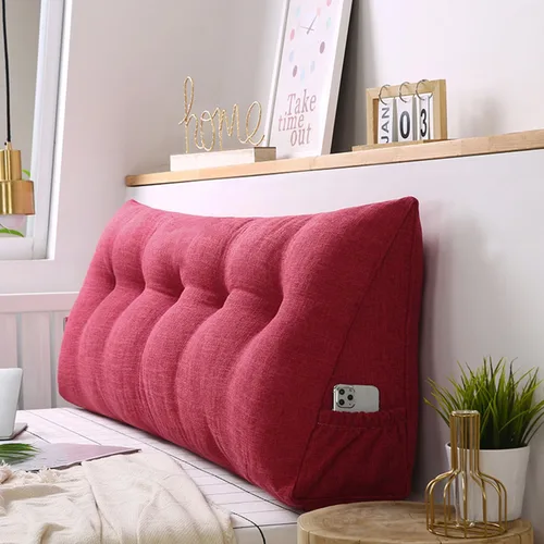 Almohada triangular grande para cabecero de lectura, almohada de lino y algodón para sofá cama, cojín de apoyo de posicionamiento con funda Rojo