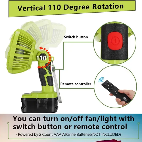 Miniatura 4 de Ventilador inalámbrico de 18 V compatible con batería Ryobi de 18 V, ventilador a batería para acampar con luz LED, control remoto, 3 modos