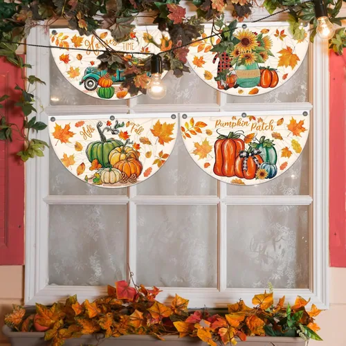 Miniatura 6 de Cumule Paquete de 4 banderas de ventilador de Hello Fall con parche de calabaza, banderines de bienvenida, otoño, cosecha, medio abanico, bandera