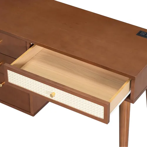 Miniatura 7 de Escritorio de tocador de nogal sin espejo de 39 pulgadas, mesa de tocador vintage con 4 cajones y toma de corriente, juego de tocador moderno
