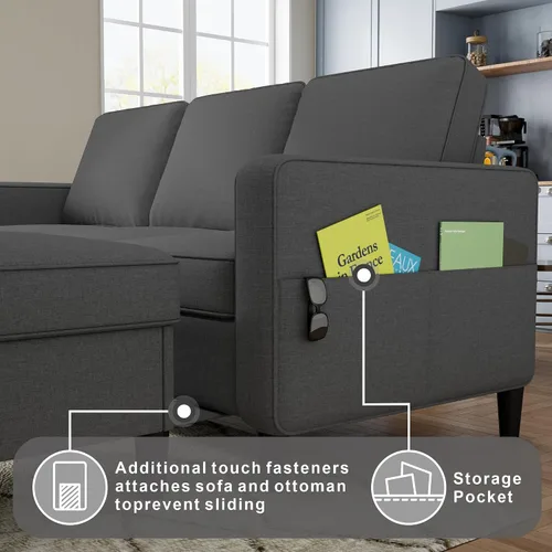 Miniatura 6 de Sofá modular para sala de estar, sofá gris oscuro de 3 plazas en forma de L con otomana de almacenamiento, cómodos sofás seccionales convertibles