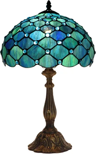 Miniatura 7 de Tiffany Lamp Stained Glass Table Lamp Bedside Reading Light W12H19 Inches (Sea Blue Pearl Style)