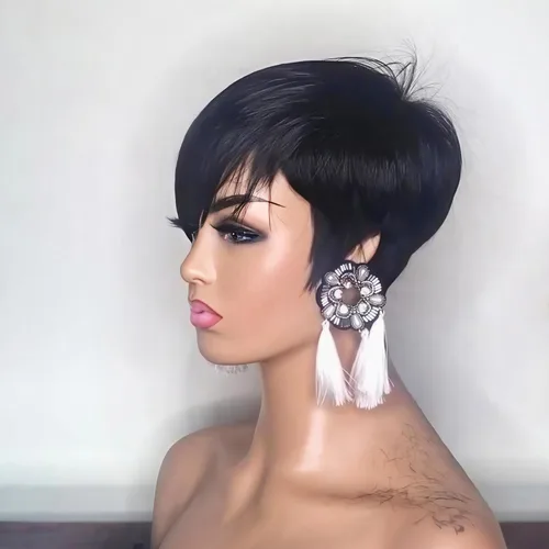 Miniatura 3 de PangDongLai Pelucas de cabello humano con corte Pixie para mujeres negras, pelucas de corte Pixie en capas con flequillo, sin pegamento, cabello