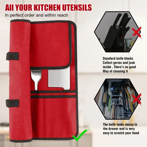 Miniatura 6 de QIQU Bolsa Roja para Cuchillos de Chef con 20 Ranuras Portacuchillos Protectores de Cuchillería, Herramientas de Cocina para el Hogar Viajes Cocina