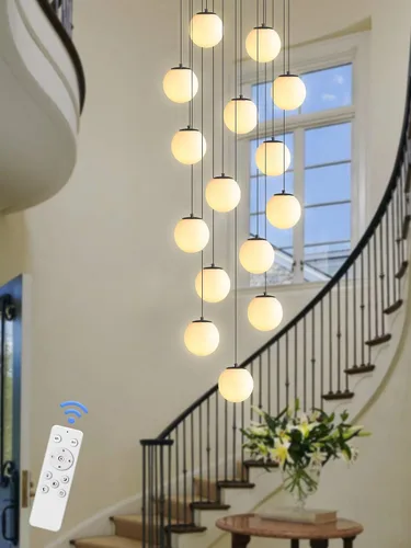 Miniatura 47 de ykolupty Escalera LED de 10 luces LED moderna con globo de cristal, lámpara colgante grande para techos altos, accesorios de iluminación de entrada