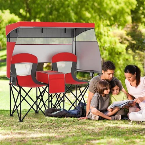 Miniatura 9 de S AFSTAR Silla de camping con toldo, silla de playa plegable para 2 personas con portavasos, cortinas de sombreado de 3 lados y bolsa enfriadora