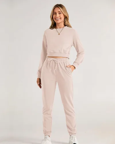 Miniatura 56 de BTFBM Conjunto deportivo de 2 piezas para mujer, camiseta corta de manga larga, sin botones, pantalón con cordón ajustable, pantalones deportivos
