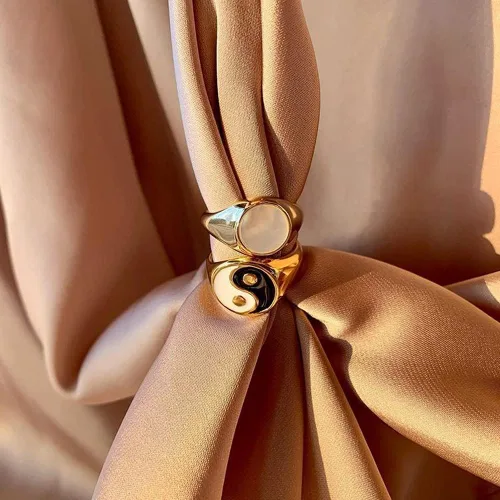 Miniatura 3 de Yin and Yang - Anillo de banda para mujeres, hombres, parejas, hipoalergénico de acero inoxidable chapado en oro de 18 quilates, Tai Chi, equilibrio