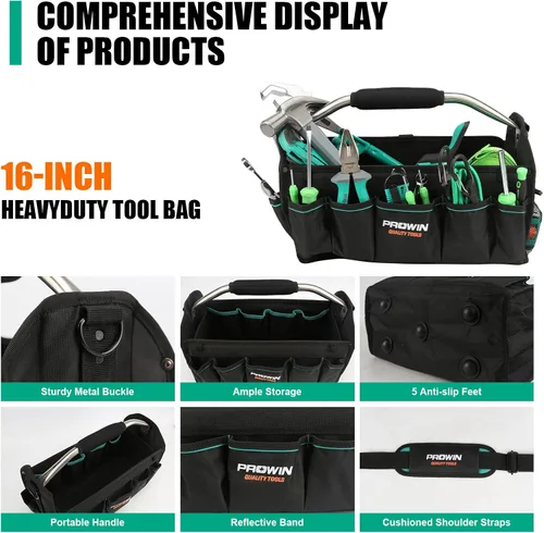 Miniatura 7 de Prowin Organizador de herramientas multibolsillo de 16 pulgadas con parte inferior impermeable de plástico, plegable, resistente, bolsa