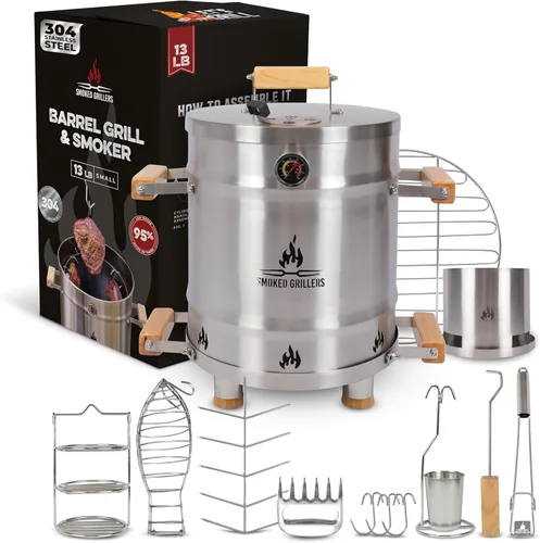 Miniatura 8 de Combo de parrilla para ahumar barril, barril 100% de acero inoxidable, 95% menos de humo, calor uniforme, fácil de usar y limpiar, ahumador vertical