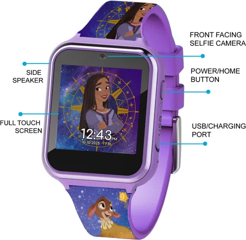 Miniatura 4 de Accutime Disney Wish Purple Asha y Dahlia - Reloj inteligente con pantalla táctil de aprendizaje educativo para niñas, niños, niños pequeños, cámara