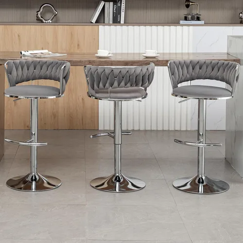 Miniatura 8 de Taburetes de bar dorados juego de 2, taburetes de bar de terciopelo giratorios con respaldo tejido, taburetes ajustables para isla de cocina, Beige