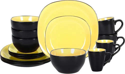 Miniatura 23 de juego de vajilla de cerámica de 16 piezas en forma cuadrada, interior rosa brillante + exterior negro mate