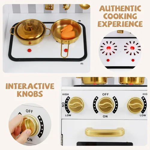 Miniatura 3 de INFANS Juego de cocina para niños, juego de cocina de madera con luz y sonido realistas, estufa, fregadero, microondas, armario de almacenamiento